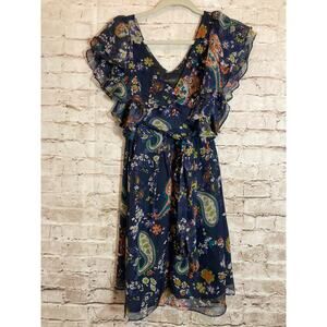 MM Couture by Miss Me Silk Dress Womens Medium Navy Ruffle Dark Romantic Paisley